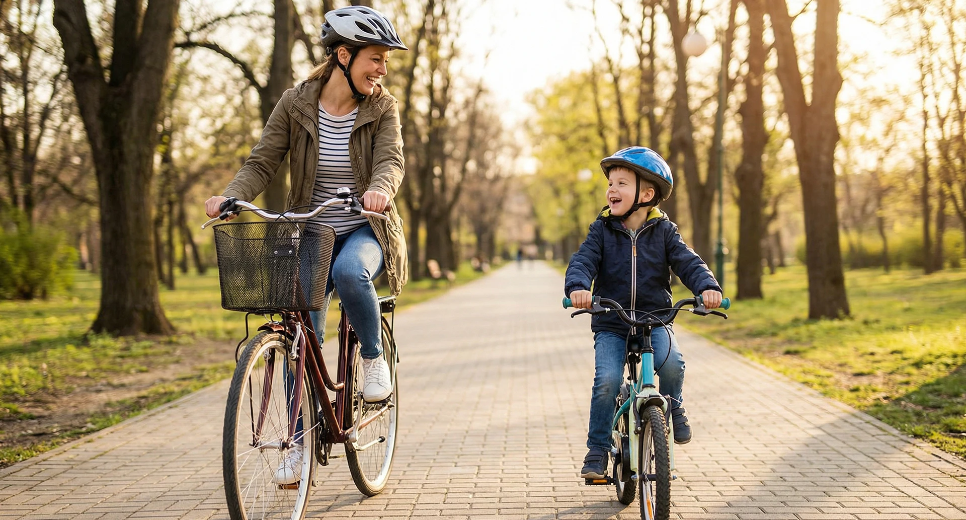 happy mother and child riding their bikes through a park