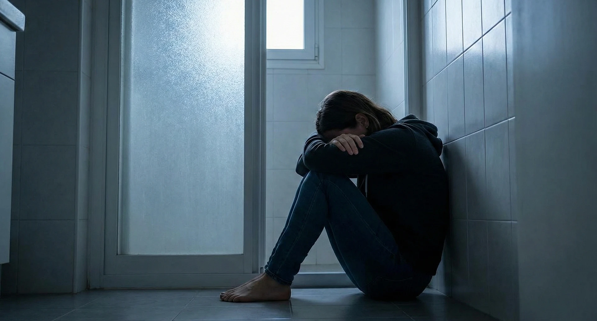 woman with her head in her hands sitting on the floor