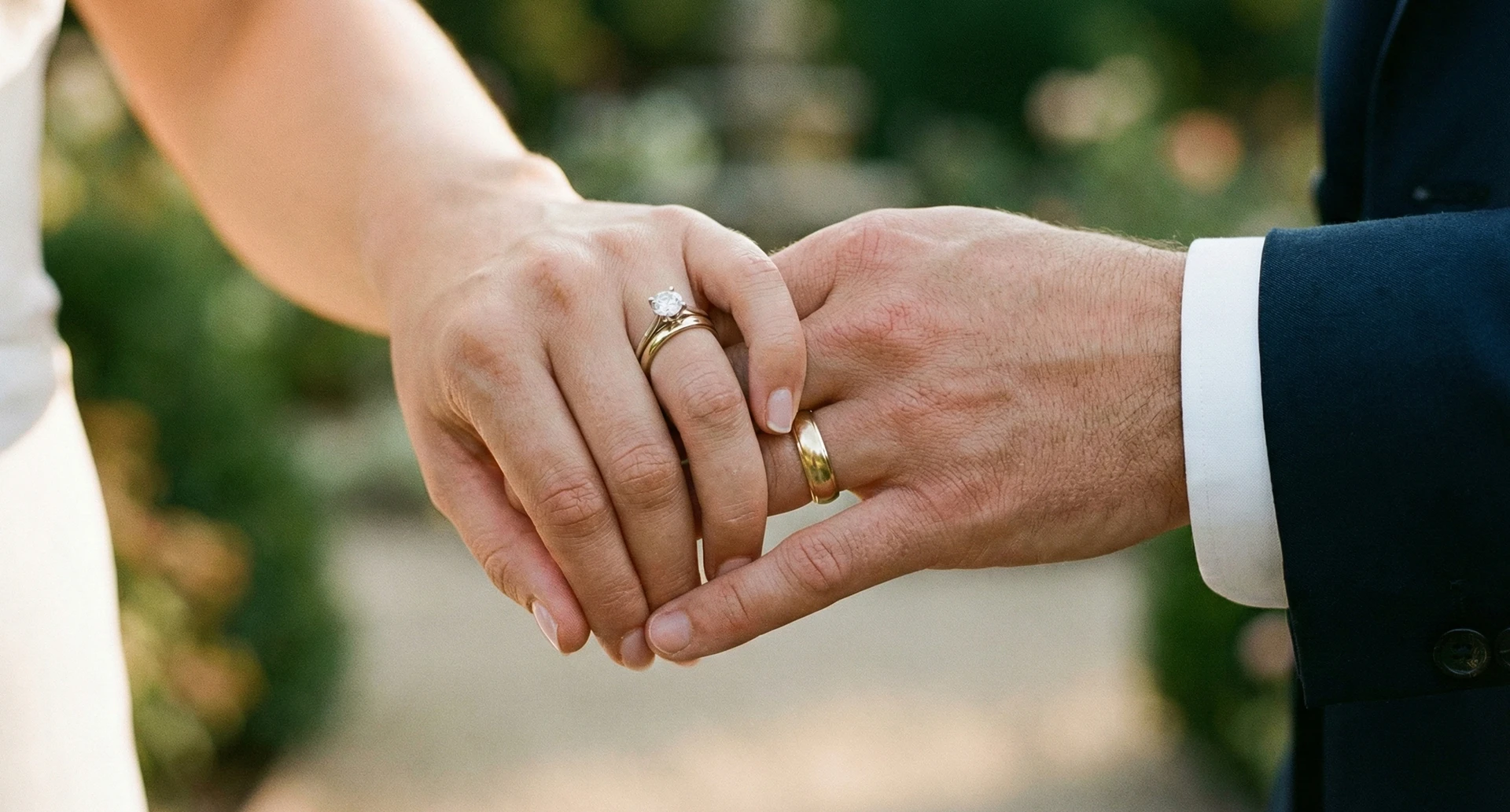 married couple holding hands showing off their rings