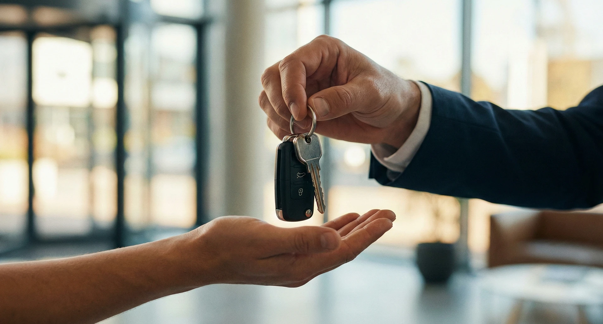 one hand holding out car keys giving them to another hand